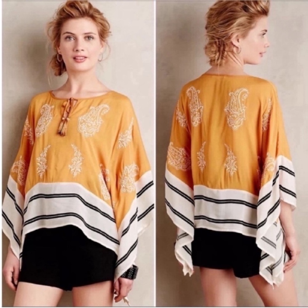 Anthropologie Mustard & White Embroidered Poncho Tunic